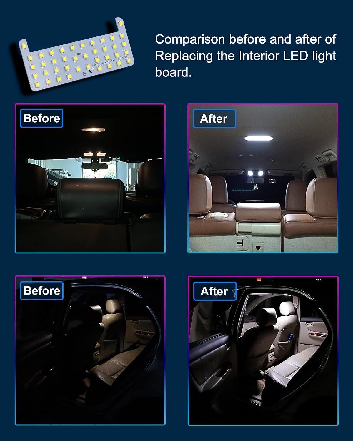 Rear Dome LED Light Board,6000K White Light,Cab Interior Lamp Upgrade Accessories,Fit For Toyota 3rd Gen Tacoma (2016-2023),FJ Cruiser (all series),4Runner (2007-2024),RAV4 (2005-2021)