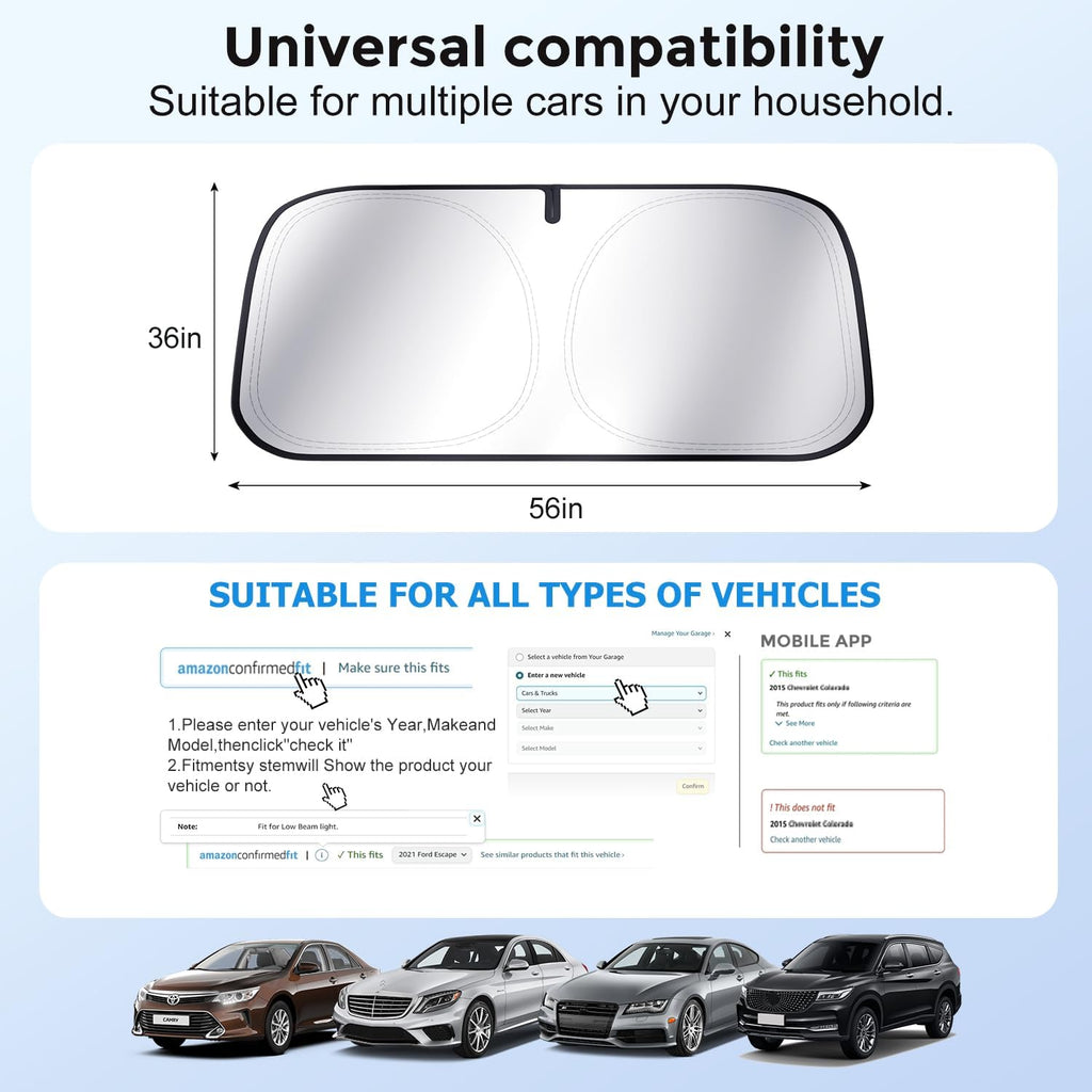 [Upgrade] DooGooCoo Windshield Sun Shade - Medium, Sunshade for Car Windshield [100% Sunlight & UV Block] Car Sun Shade Windshield Protect & Keep Car Cooler Foldable Front Windshield Shade (64x32 in)