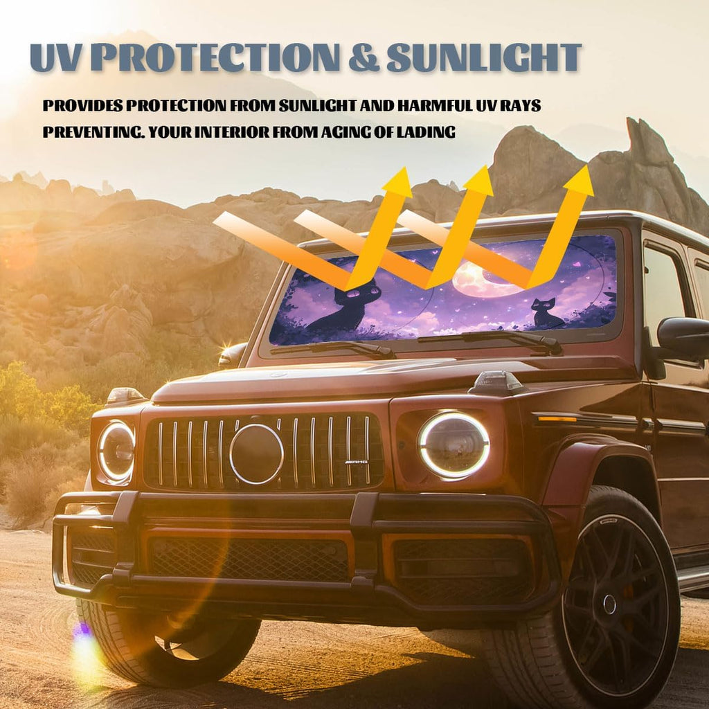 Black Kitten Car Front Window Sun Shield Crescent Moon Purple Sky Stars Windshield Sun Shade Visor Protector for Car Sedan Truck SUV Accessories 59" L x 31.5" W