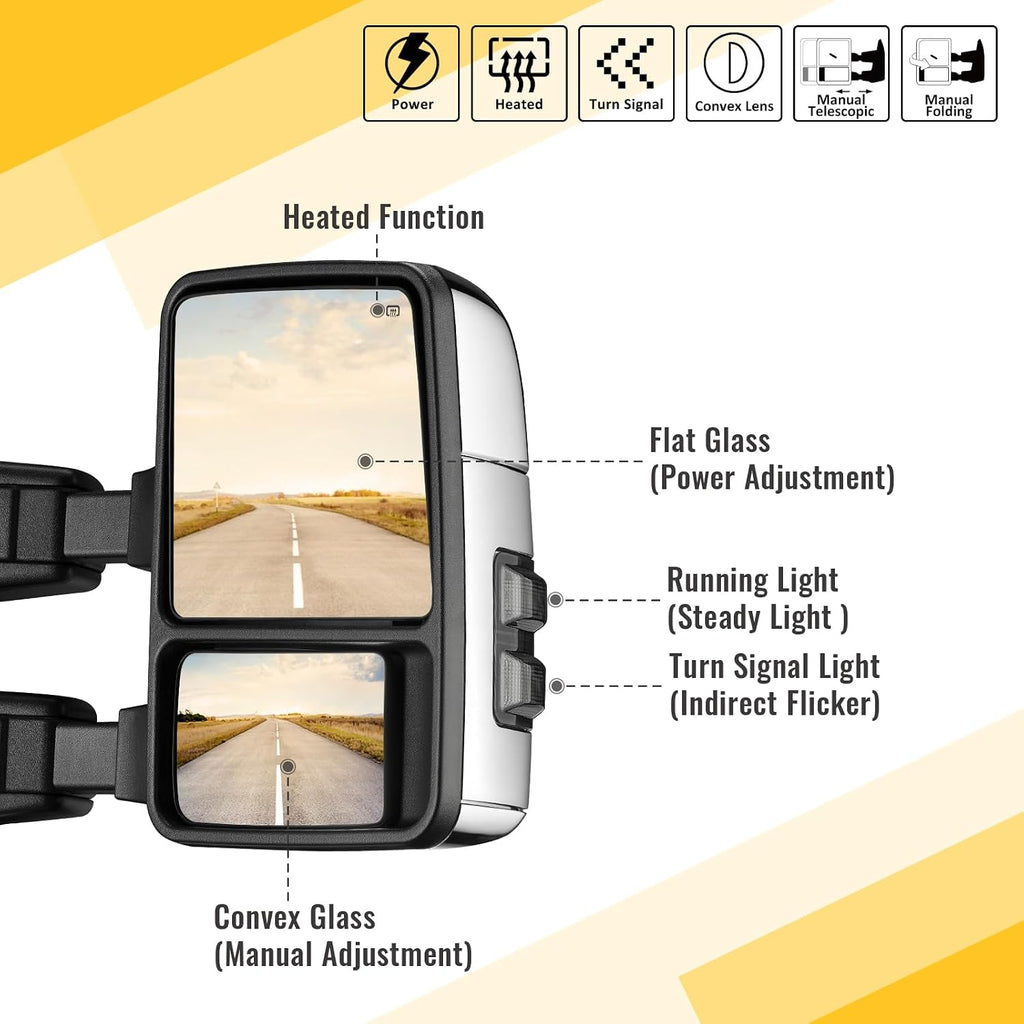 Towing Mirrors for 1999-2016 Ford F250-F550 Super Duty, 2000-2005 Excursion | Turn Signal Running Light Power Adjustable Heated Glass Pair Set with Adapter, Chrome