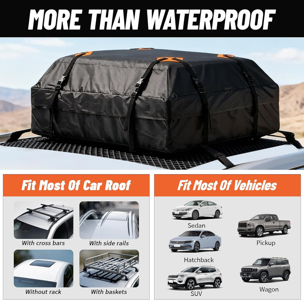 Rooftop Cargo Carrier, 20 Cubic Feet Waterproof Roof Cargo Bag, Car Top Carrier Fits Vehicles with or Without Roof Rack, Heavy Duty Soft Shell Roof Bag with Anti-Slip Mat, 6 Door Hooks & Storage Bag