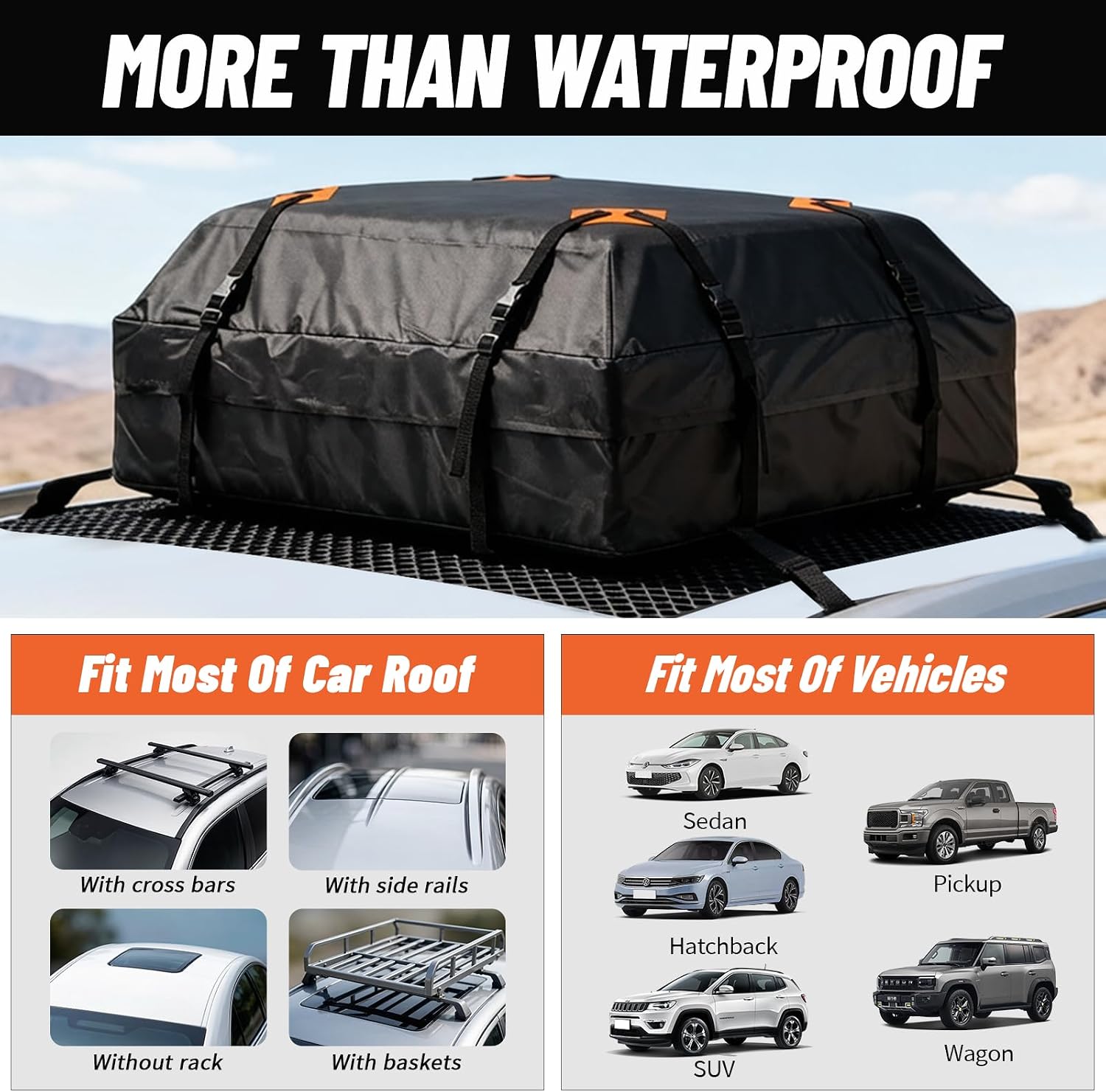 Rooftop Cargo Carrier, 20 Cubic Feet Waterproof Roof Cargo Bag, Car Top Carrier Fits Vehicles with or Without Roof Rack, Heavy Duty Soft Shell Roof Bag with Anti-Slip Mat, 6 Door Hooks & Storage Bag
