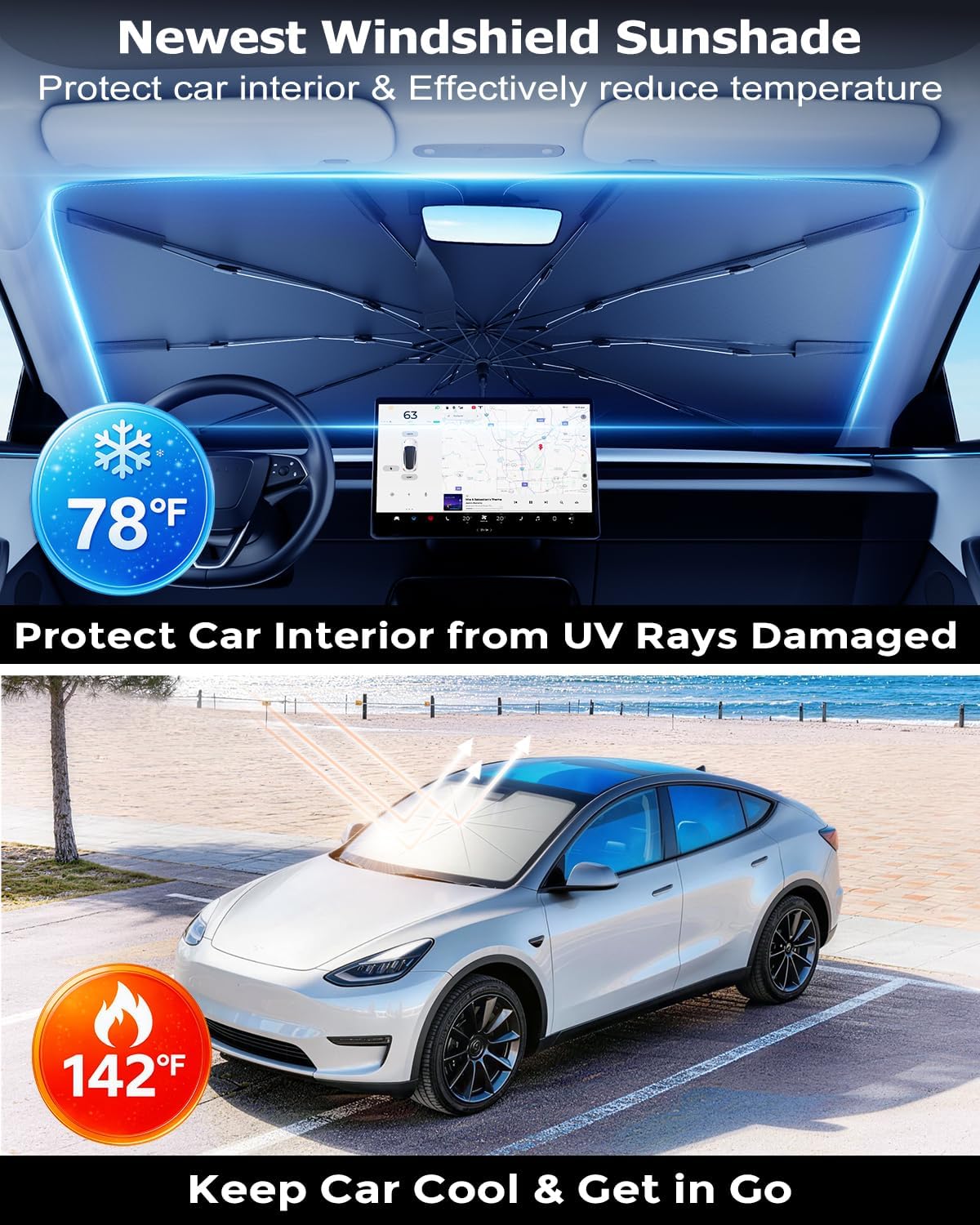 DMJN Umbrella Windshield Sun Shade for Car & SUV, Car Sunshade for Front Windshield [Nano Ice-Crystal Coatings] UPF50+ Heat & UV Block, Protect Interior & Keep Cooler Universal for Most of Sedan & SUV