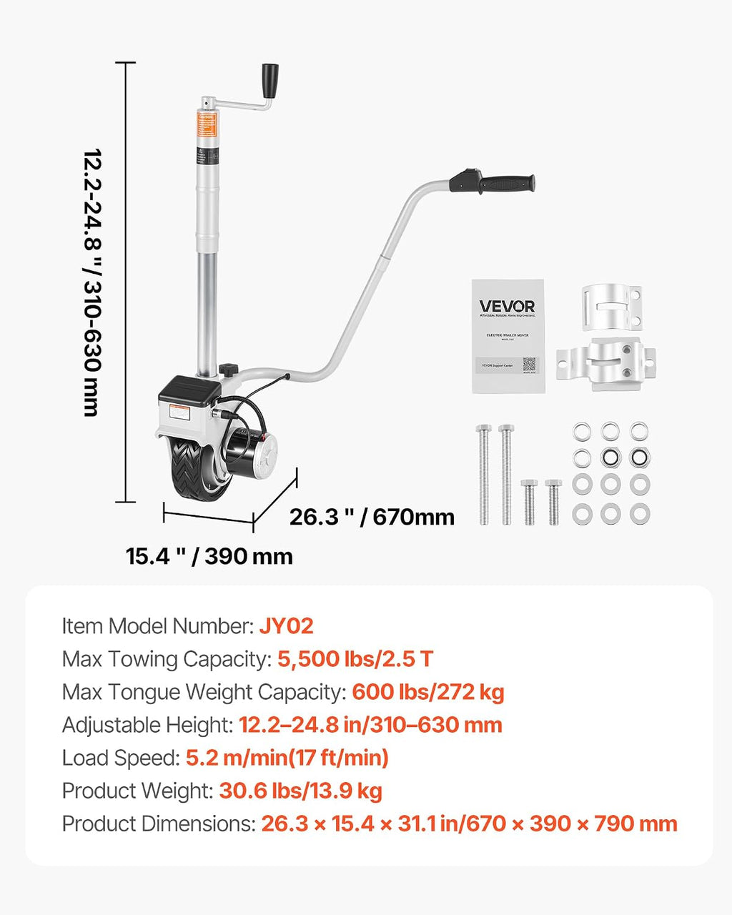 VEVOR Electric Trailer Dolly, 5500 lbs Towing Capacity, 380W 12V Motorized Jockey Wheel with 23 ft/min Moving Speed, 12.2-24.8 in Adjustable Clamp Height & 8 in Rubber Tire, for Moving Caravan Boat