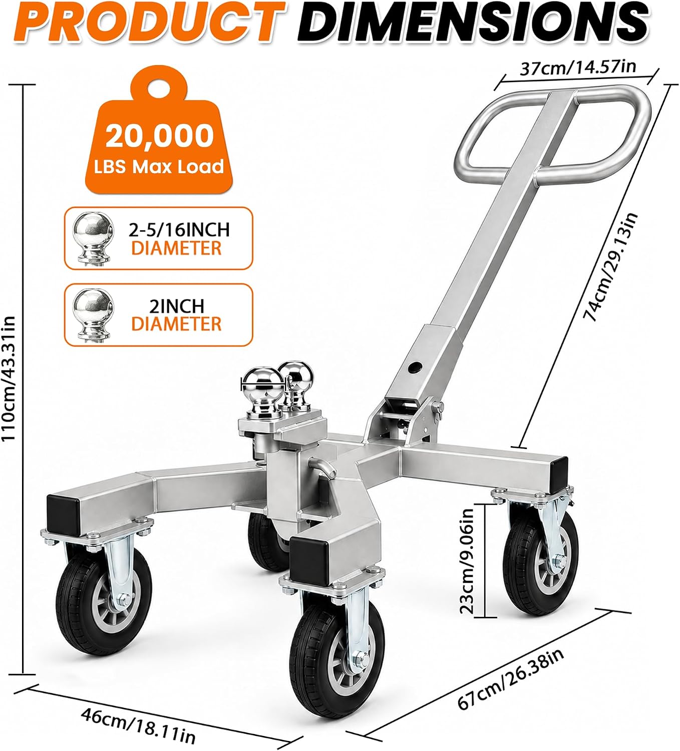 Heavy Duty Trailer Dolly, 20,000 lbs Load Capacity, 4500Lbs Tongue Weight Capacity Trailer Dolly with 2-5/16'' & 2''Hitch Balls, 9" Swivel Wheel with Brake, Manual Trailer Mover for RV, Boat