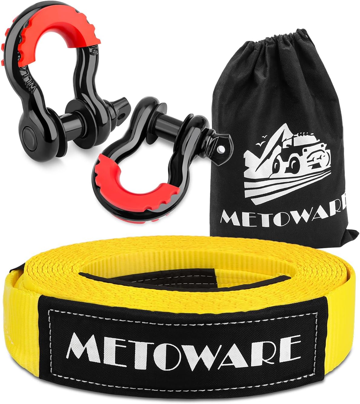 METOWARE Heavy Duty Tow Strap Recovery Kit - 3" x 20ft(35,000lbs) Tree Saver Winch Strap + 3/4" D Ring Shackles(2pcs) + Storage Bag - Truck, SUV, ATV Off Road Towing Strap Kit
