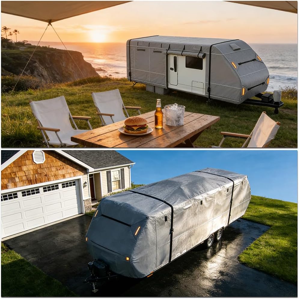 RV Cover for Keystone Cougar 30BHS 2018–2026, Travel Trailer Camper Storage Cover 420D Oxford with Adjustable Straps, Zipper Access for Driveway Seasonal Parking
