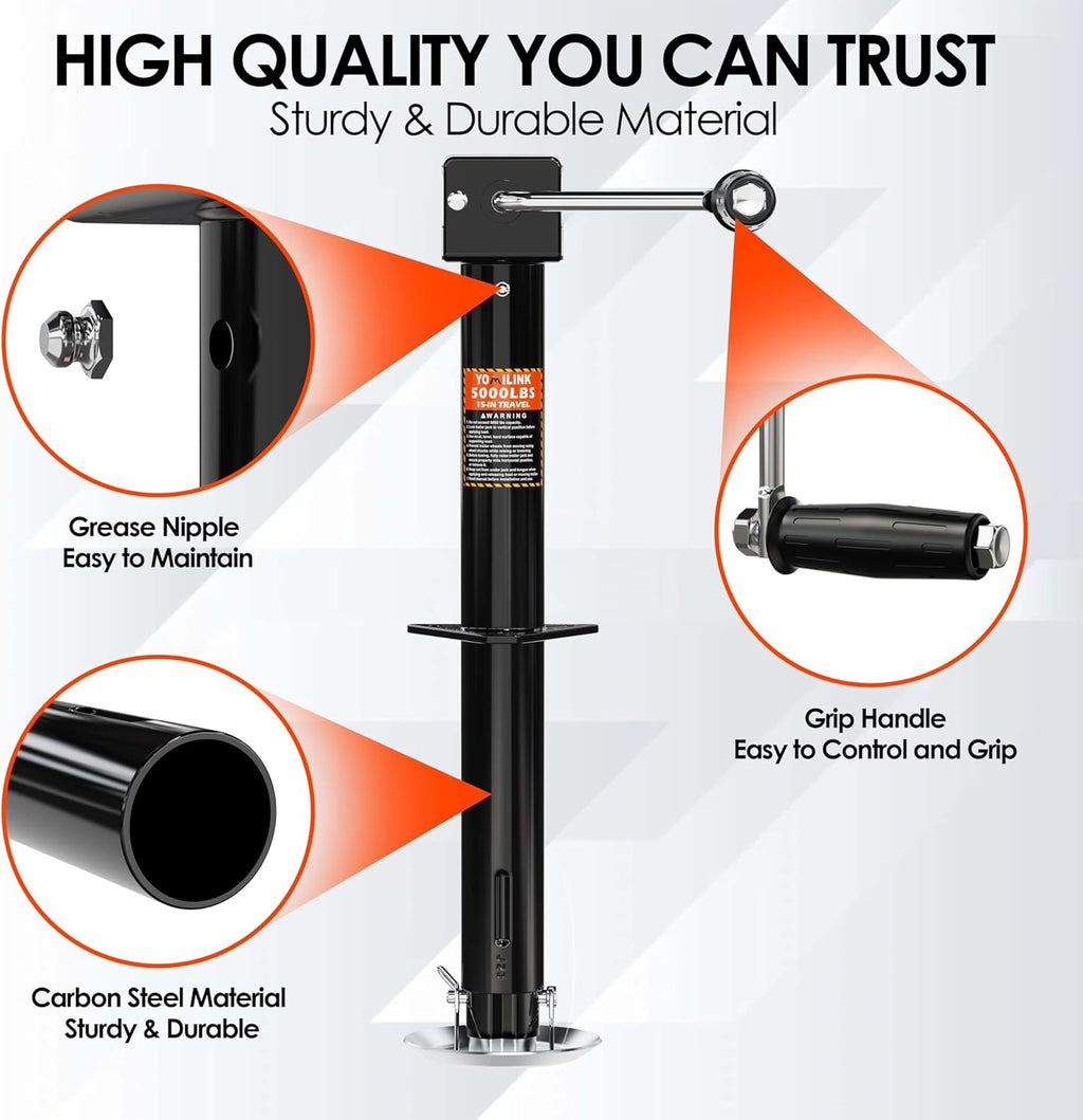 YOMILINK 5000 lbs A-Frame Trailer Jack, 15" Lift, Adjustable 5-Level Drop Leg, 5K Jack for RV Trailer Boat