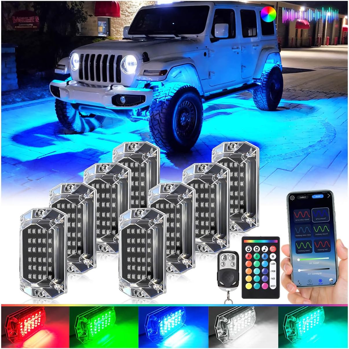 8Pods Full Angle RGB LED Rock Lights Full Kit for Jeep Trucks ATV UTV SXS RZR SUV Golf Cart Offroad Pickup, 240Chip Waterproof Multicolor Underglow Light with APP/RF Remote, Neon Underbody Accent 12V