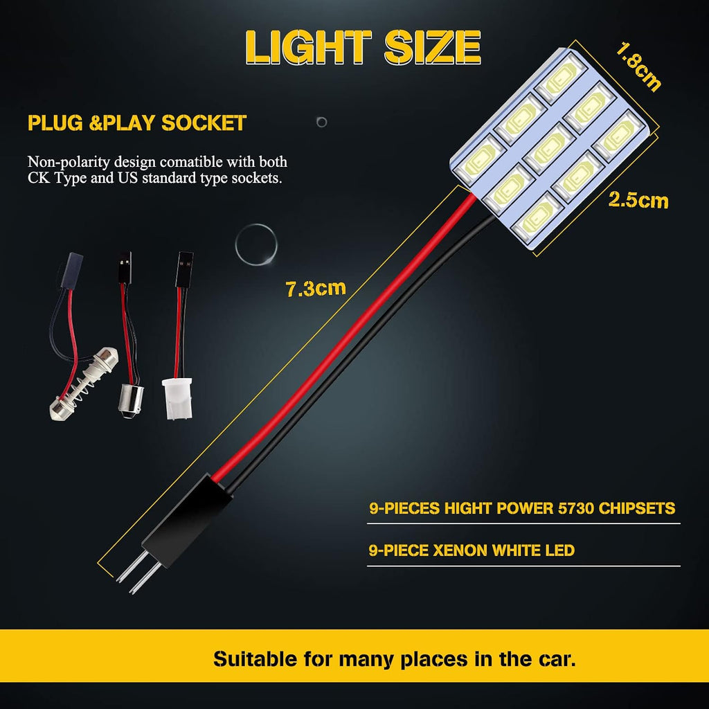 YM E-Bright 6-Pack Cool White 5730 9SMD Led Panel Dome Light Auto Car Reading Interior Light DC 12V With T10 / BA9S / Festoon Adapters