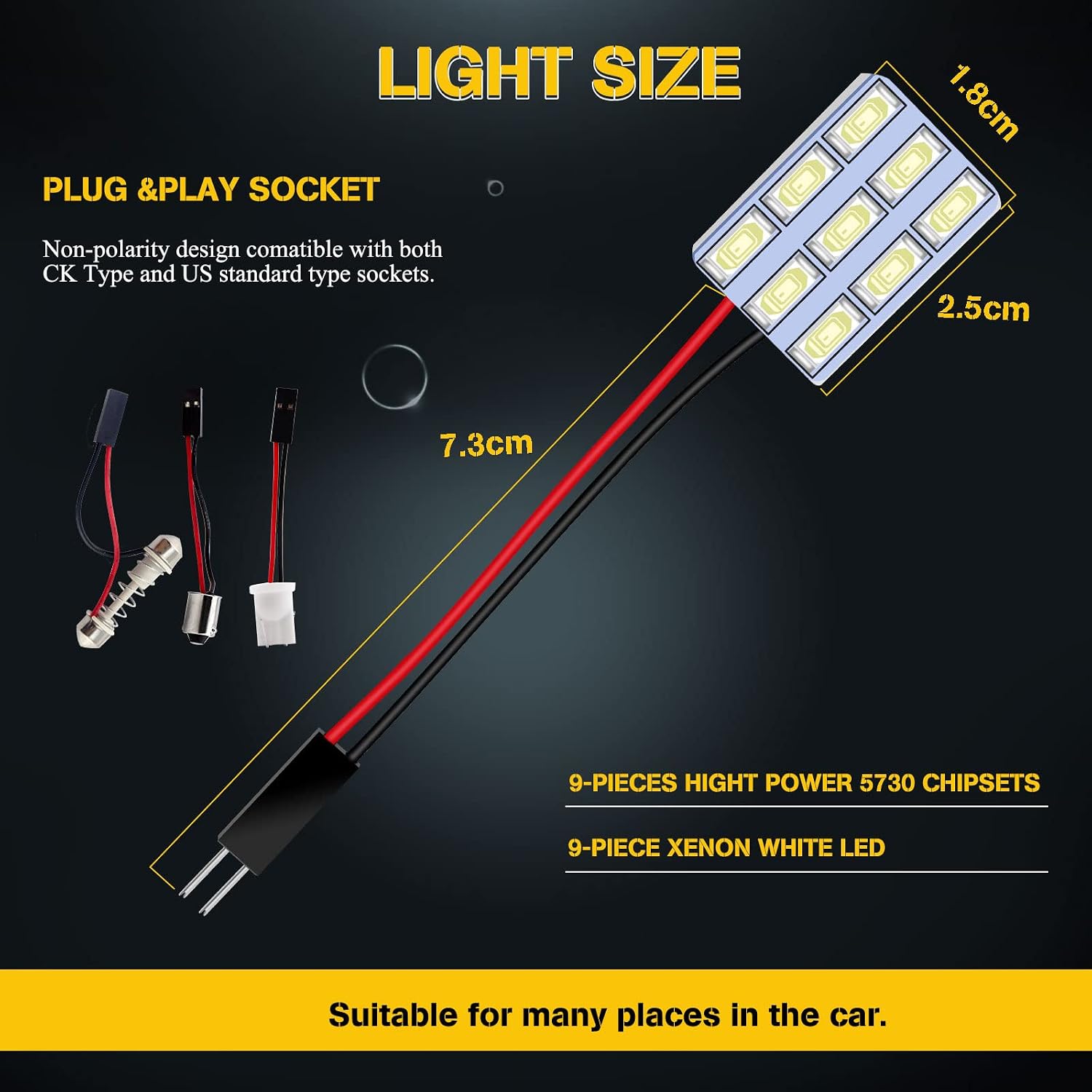 YM E-Bright 6-Pack Cool White 5730 9SMD Led Panel Dome Light Auto Car Reading Interior Light DC 12V With T10 / BA9S / Festoon Adapters