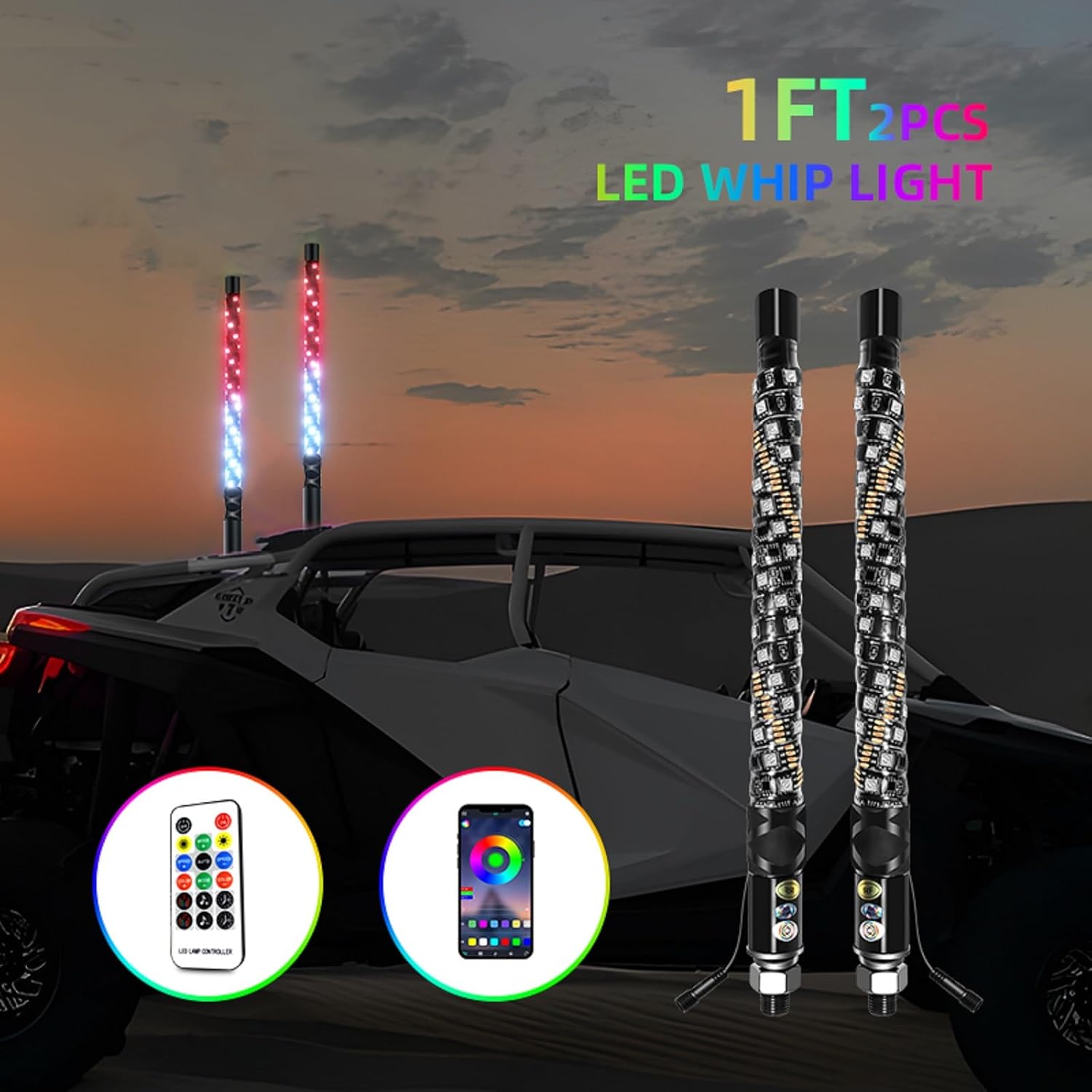 S7 2 Pack 1FT Whip Lights, LED Whip Light with App & Remote Control, Spiral RGB Chasing Lighted Antenna Whips,Whip Light for UTV ATV RZR SXS Can-Am Dune Buggy Offroad Truck (1ft)