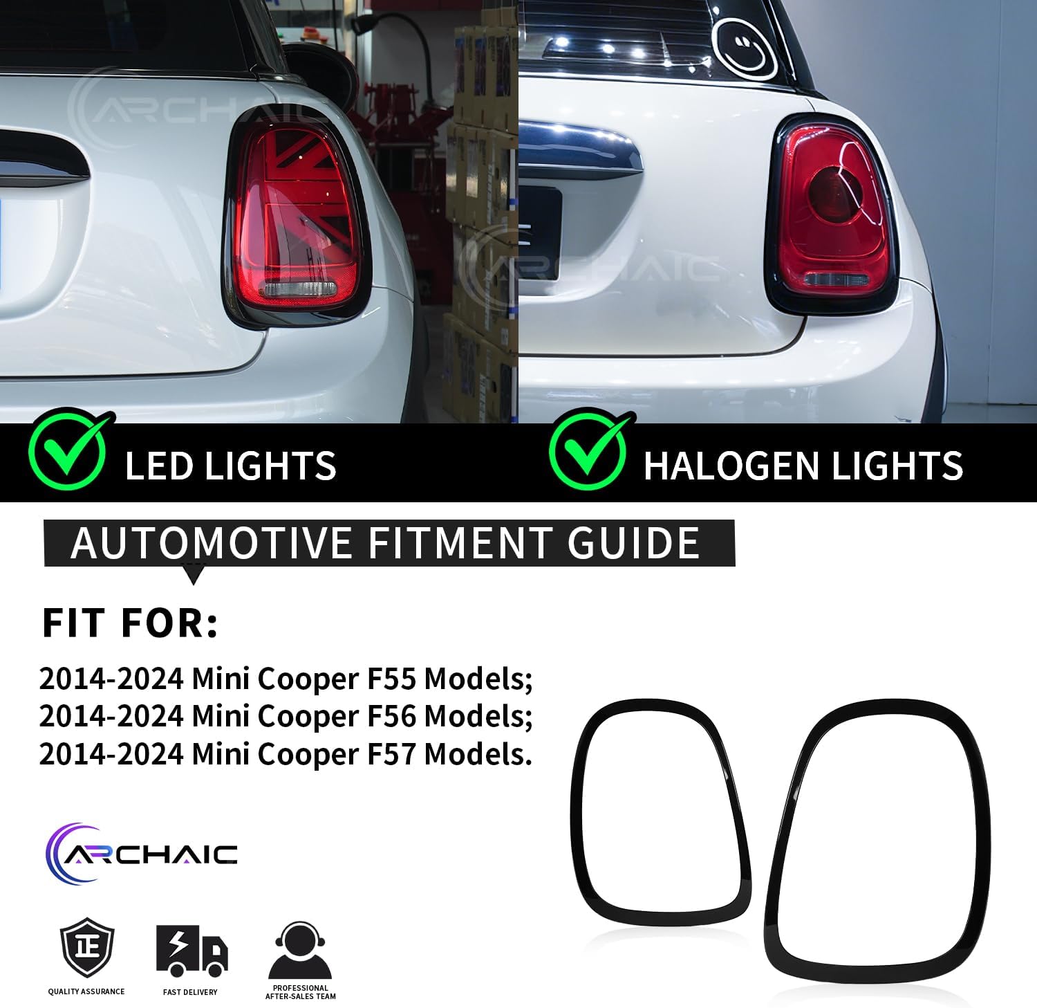 Archaic Rear Tail Light Cover Bezel Surround Trim Compatible with Mini Cooper F55 F56 F57 Hatchback/Convertible 2014-2024, ABS Taillight Ring,Glossy Black,Pair