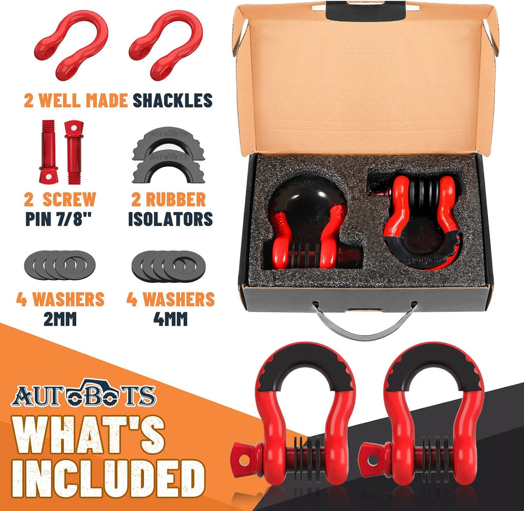 AUTOBOTS Bow Shackles 3/4" D Ring Shackle (2 Pack), 48,000Ib Break Strength with 7/8" Pin, 2 Isolator and 4 Washers Kit for Offroad Vehicle Truck Recovery Red