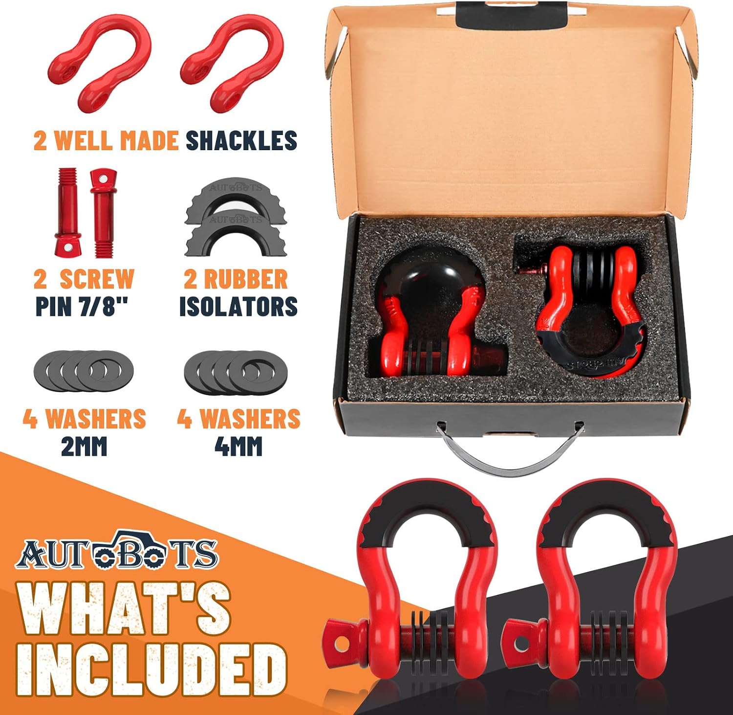 AUTOBOTS Bow Shackles 3/4" D Ring Shackle (2 Pack), 48,000Ib Break Strength with 7/8" Pin, 2 Isolator and 4 Washers Kit for Offroad Vehicle Truck Recovery Red