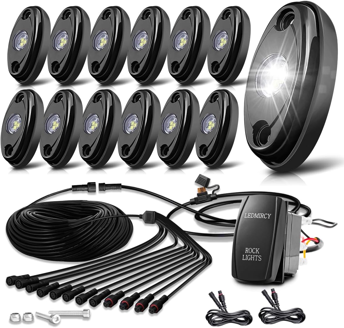 LEDMIRCY R1 Pure White LED Rock Lights Kit with Rocker Switch Wire Harness 12PCS High Power Rock Lights White for Trucks Off Road ATV UTV SUV Underglow Trail Rig Light Under Body Waterproof Light