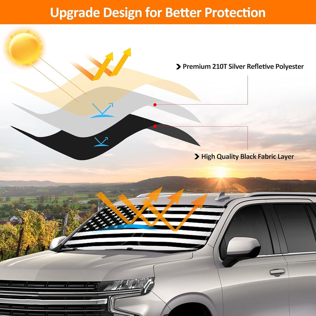 D-Lumina Winshield Sun Shade with USA Flag for Chevy Tahoe 2021 2022 2023 2024 2025, Foldable Front Sun Shield Protector Blocks UV Rays, Window Sunshade Sun Visor Interior Accessories