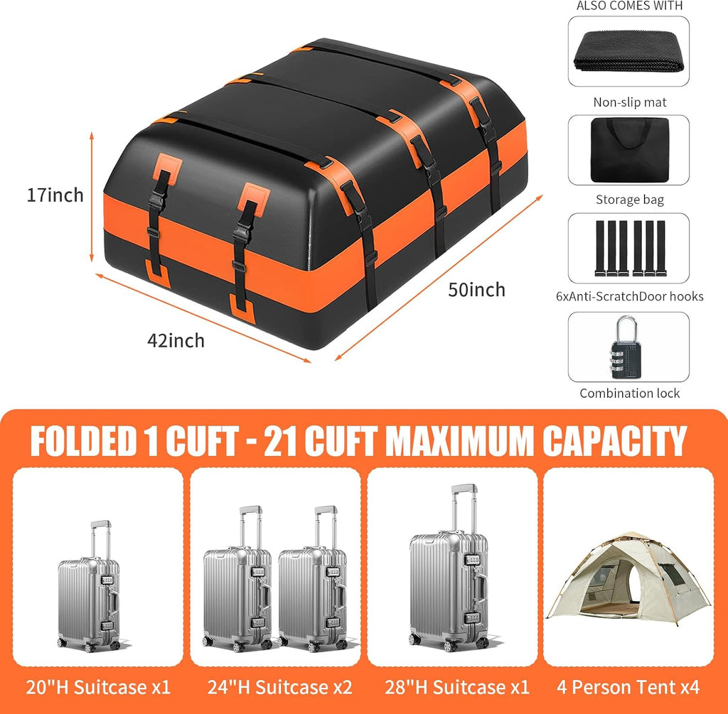 Waterproof Rooftop Cargo Bag, 21 Cu Ft Roof Carrier for SUVs and Road Trips | 21 Cu Ft Large Capacity, 840D Waterproof PVC, Heat-Welded Seams, Anti-Slip Mat, Lock, 6 Door Hooks for Secure Travel