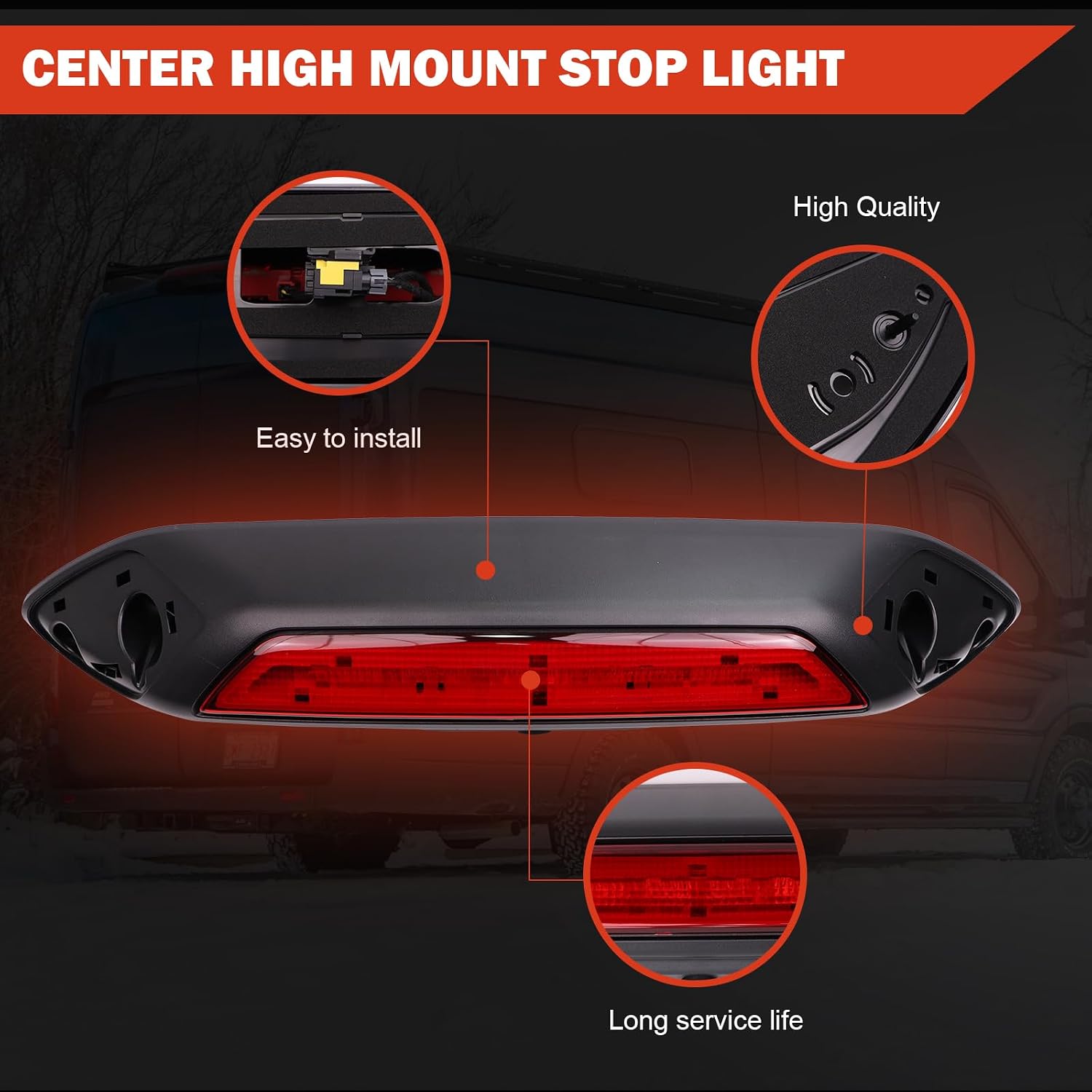 LK4Z13A613D Third Brake Light Assembly Center High Mount Stop Light （with camera） Compatible with Ford Transit 150, 250, 350 (SRW) 2020-2025 3rd Brake Light Replace NK4Z-13A613-K NK4Z-13A613-A