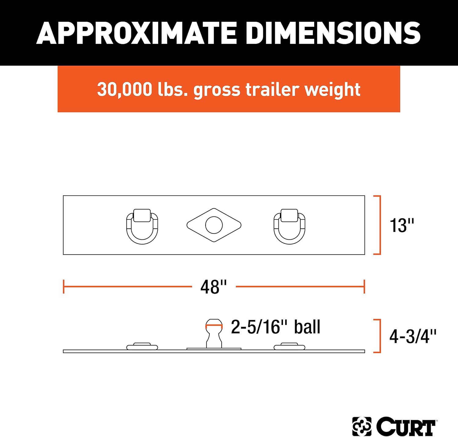 Curt Manufacturing 65500 Flat Hitch Plate 13 in X 48 in W/2 1/2 in Welded D-Rings