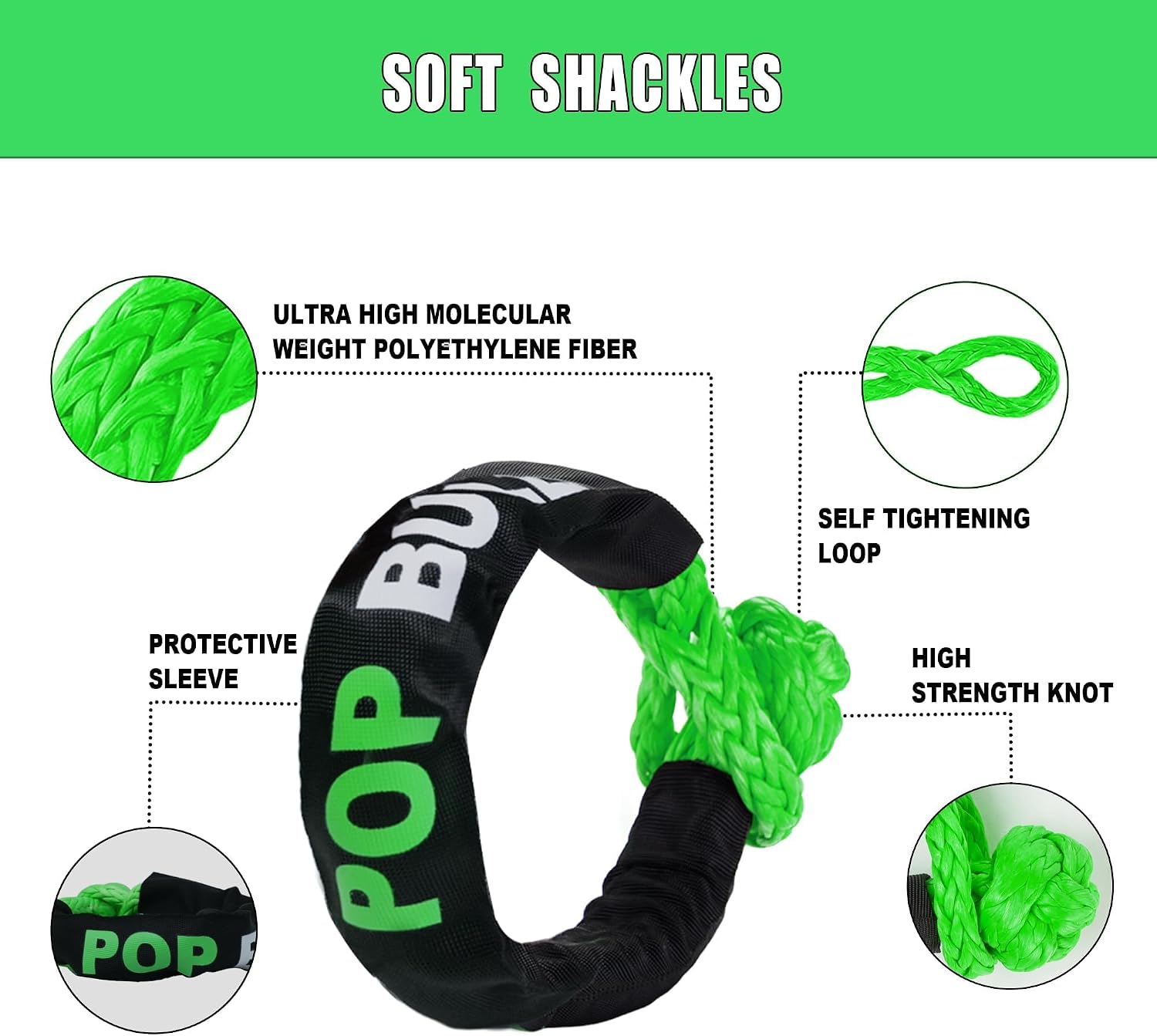 Kinetic Recovery Rope,(1.26in x 30ft Green) 56,000LBS Snatch Strap, Heavy Duty Stretch Nylon Towing Ropes with 2pcs Soft Shackles for Offroad Vehicle, Jeep, SUV, ATV, Tractor Elastic Ropes Kit