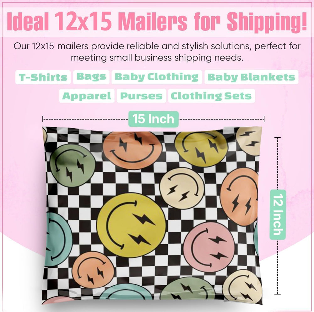 12x15 Poly Mailers, Smiles Checkerboard Shipping Bags,100 Pack