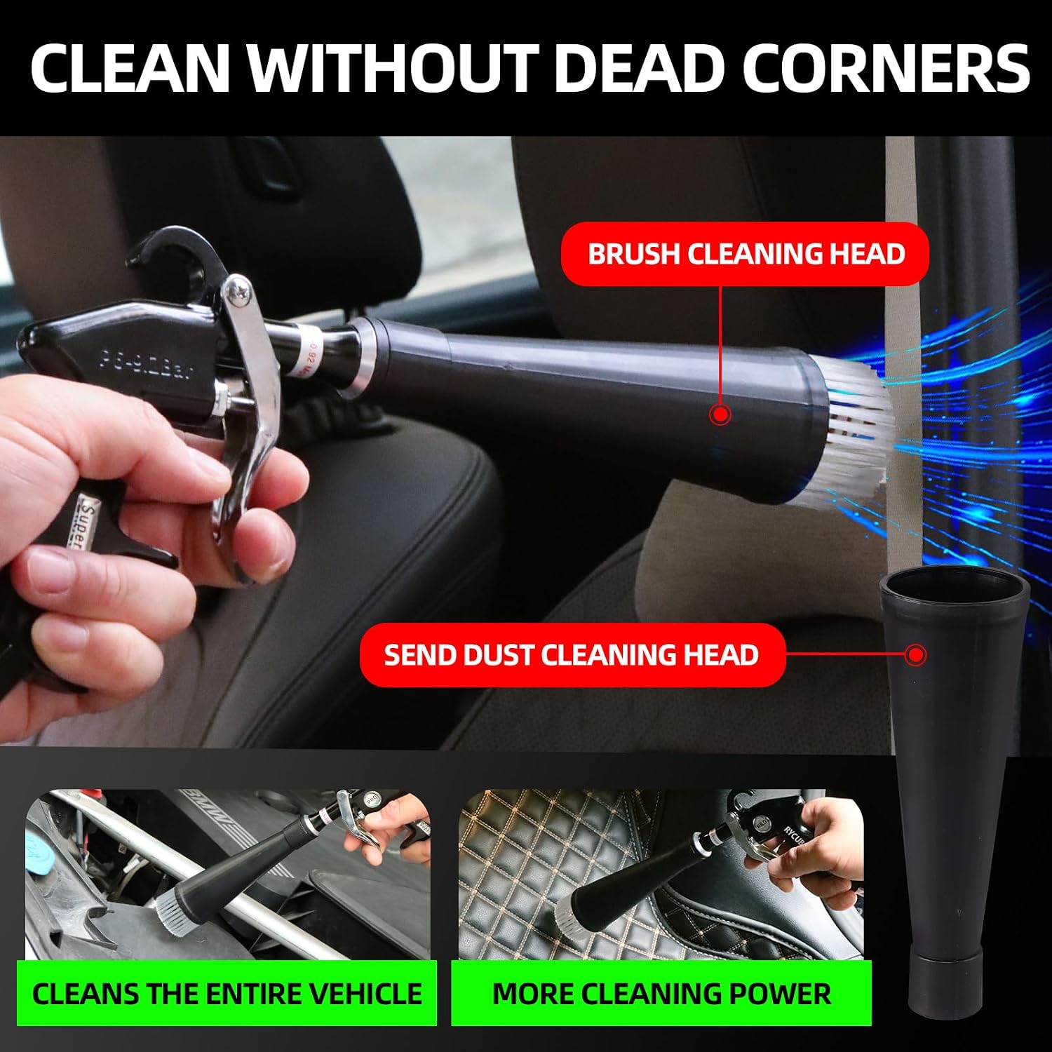 Tornado Dry Cleaning Gun Tornado Car Cleaning Gun Tornado Dry Air Blow Gun with 2 Nozzles + 2 American Connectors + 2 Microfiber Towels, Durable Metal Body, Anti-Drop, for Car Interior Cleaning
