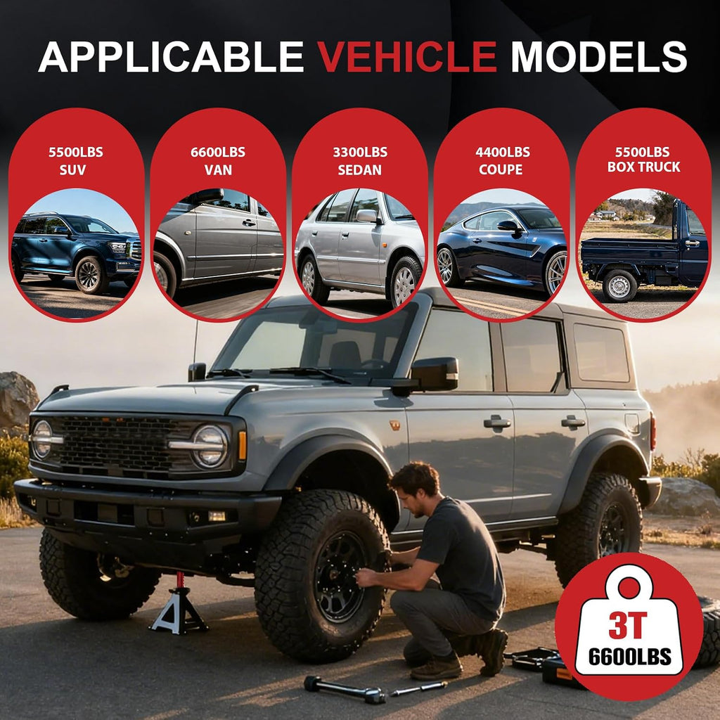 3 Ton Jack Stands (6,600 lbs) - Heavy Duty Car Jack Stand with Double Pin Locking, Adjustable 11.22"-16.54" Height, Extra Rubber Pads for Trucks, Garage, Home,DIY Use - 1 Pair Black+Red