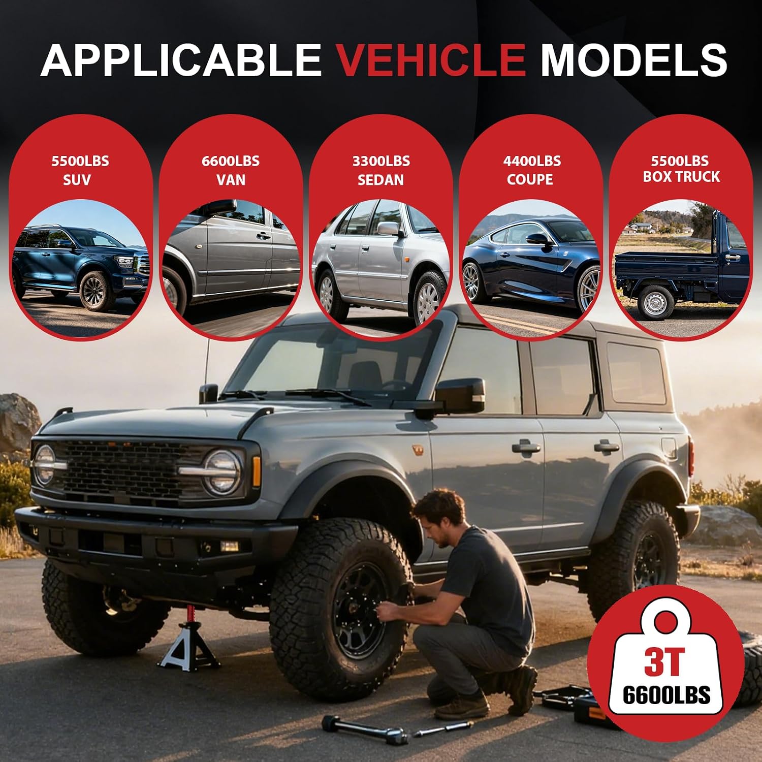 3 Ton Jack Stands (6,600 lbs) - Heavy Duty Car Jack Stand with Double Pin Locking, Adjustable 11.22"-16.54" Height, Extra Rubber Pads for Trucks, Garage, Home,DIY Use - 1 Pair Black+Red