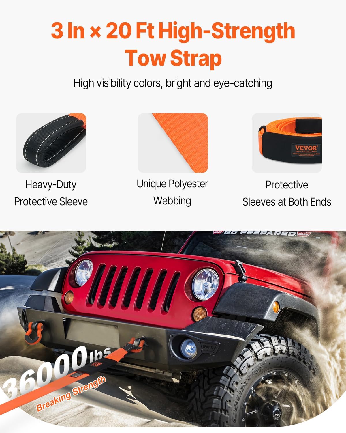 VEVOR Heavy Duty Tow Strap Recovery Kit 3" x 20 ft (MBS-36,000 lbs) Tree Saver Winch Strap, Triple Reinforced Loop & Protective Sleeves & Storage Bag, 3/4" D-Ring Shackles, for Truck Jeep SUV ATV