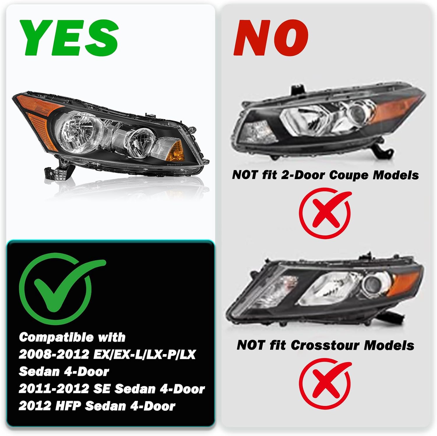TUSDAR Headlight Assembly for 2008-2012 Honda Accord Sedan 4-Door LX LX-P HFP EX EX-L Factory Style Headlamp Passenger Side Bulbs Included
