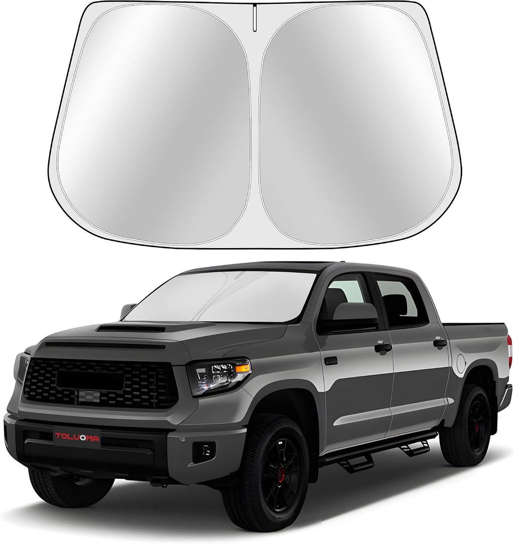Custom Fit Windshield Sun Shade for Toyo-ta Tundra 2007-2021 - Full Coverage, 210T Reflective Fabric, Double-Layer Design - Blocks 99% UV Rays, Keeps Car Cool, Easy to Install and Store