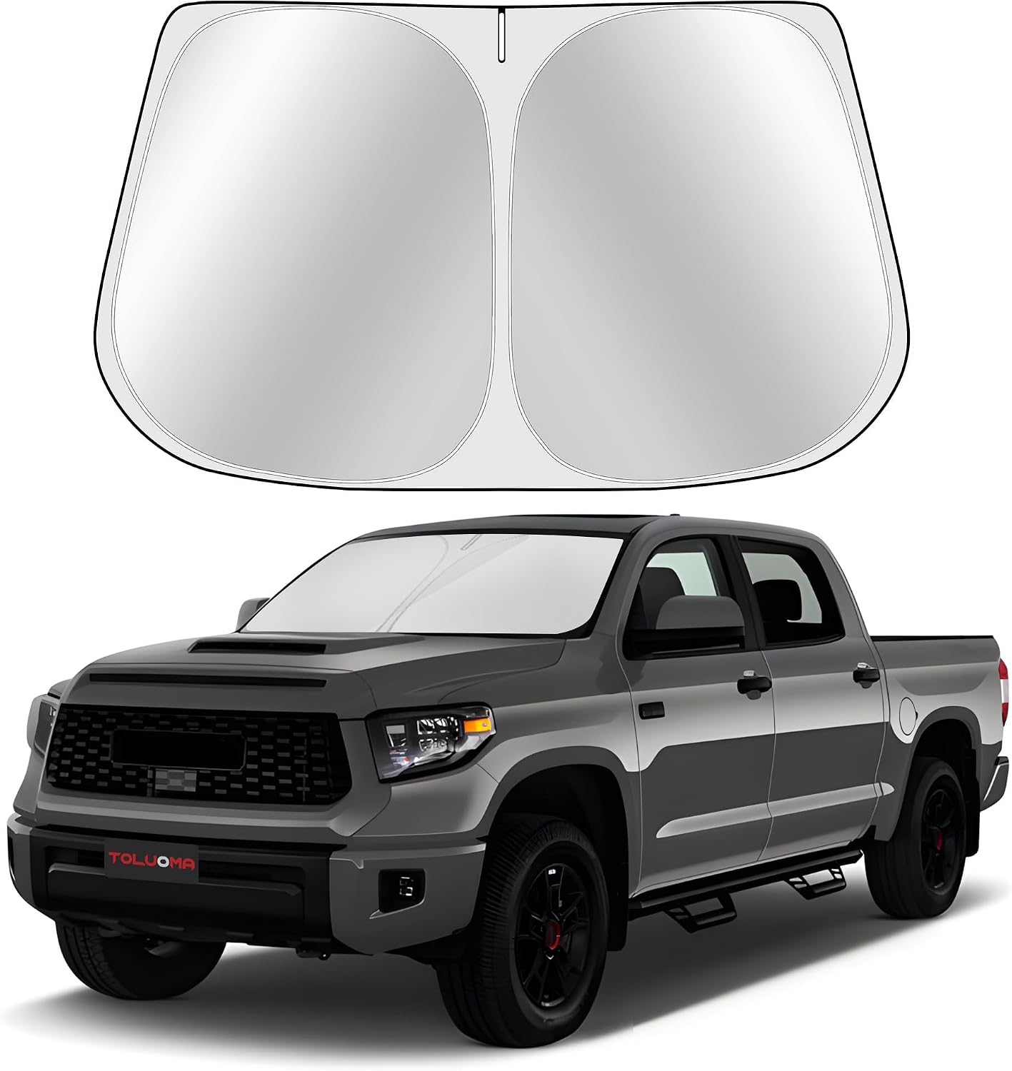Custom Fit Windshield Sun Shade for Toyo-ta Tundra 2007-2021 - Full Coverage, 210T Reflective Fabric, Double-Layer Design - Blocks 99% UV Rays, Keeps Car Cool, Easy to Install and Store