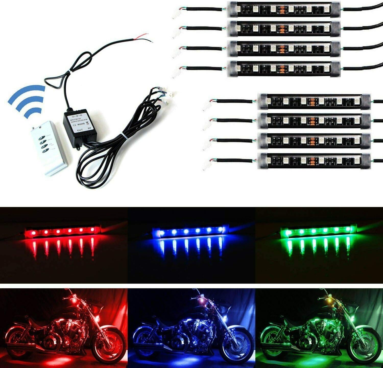 iJDMTOY 8pc Motorcycle Underglow LED Strip Light Kit RGB Neon Accent Light Ground Effect Atmosphere Lighting Kit for Motorbike Trikes Golf Carts ATVs UTVs Decoration