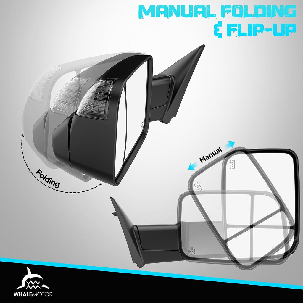 Smoked Power Heated Tow Mirrors Compatible with 2009-2018 Dodge Ram 1500, 2010-2018 2500 3500, 2019-2024 Ram 1500 Classic Flip Up Extended Trailer Towing Side Mirrors with Puddle Light, Black Housing
