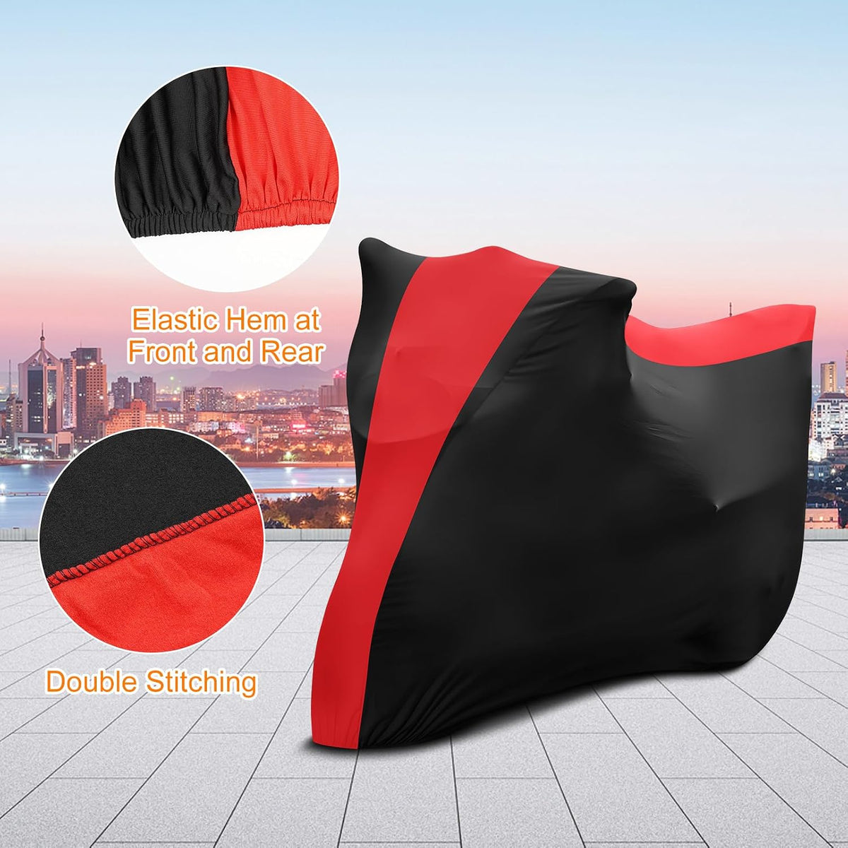 indoor motorcycle cover xl, stretch fabric, 96 x showing dimensions