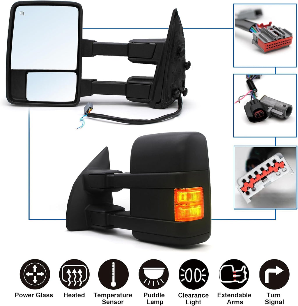 Driver Left Side Towing Mirror fit for 2008-2016 Ford F250 F350 F450 F550 | Super Duty Power Heated Amber Turn Signal Light Puddle Light Auxiliary Lamp Black Cap