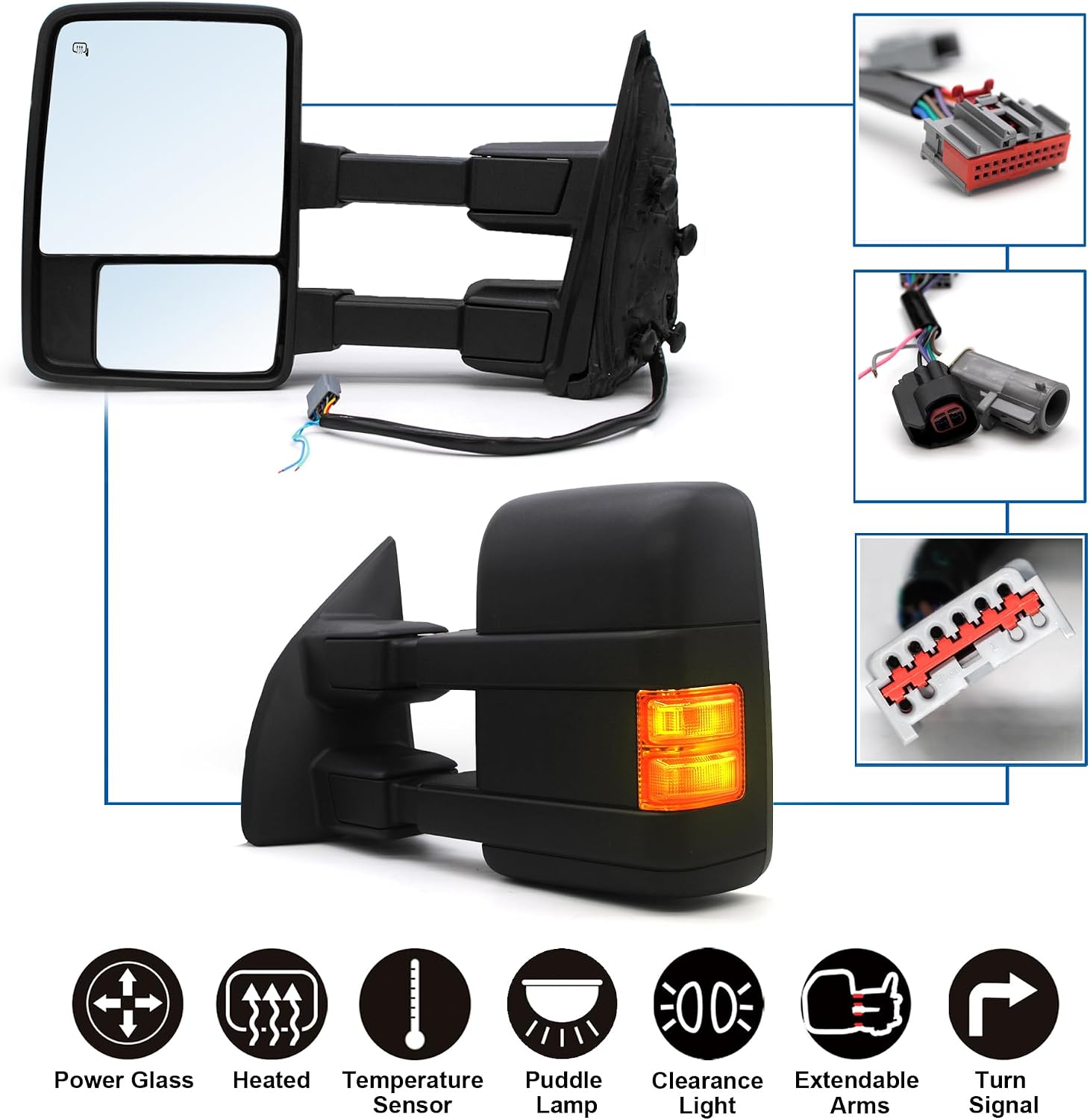 Driver Left Side Towing Mirror fit for 2008-2016 Ford F250 F350 F450 F550 | Super Duty Power Heated Amber Turn Signal Light Puddle Light Auxiliary Lamp Black Cap