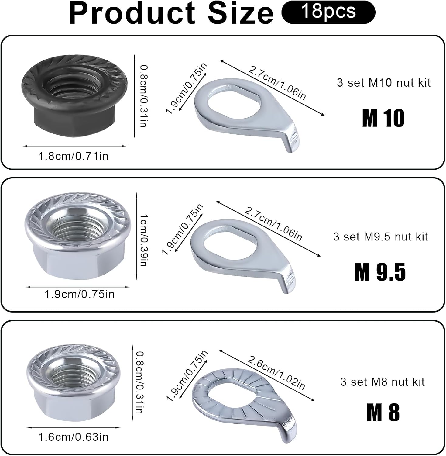 Bike Wheel Axle Nut and Bicycle Hub Safety Washer Kit, Flanged Nuts Parts Accessories for Mountain Bike Wheel Axle