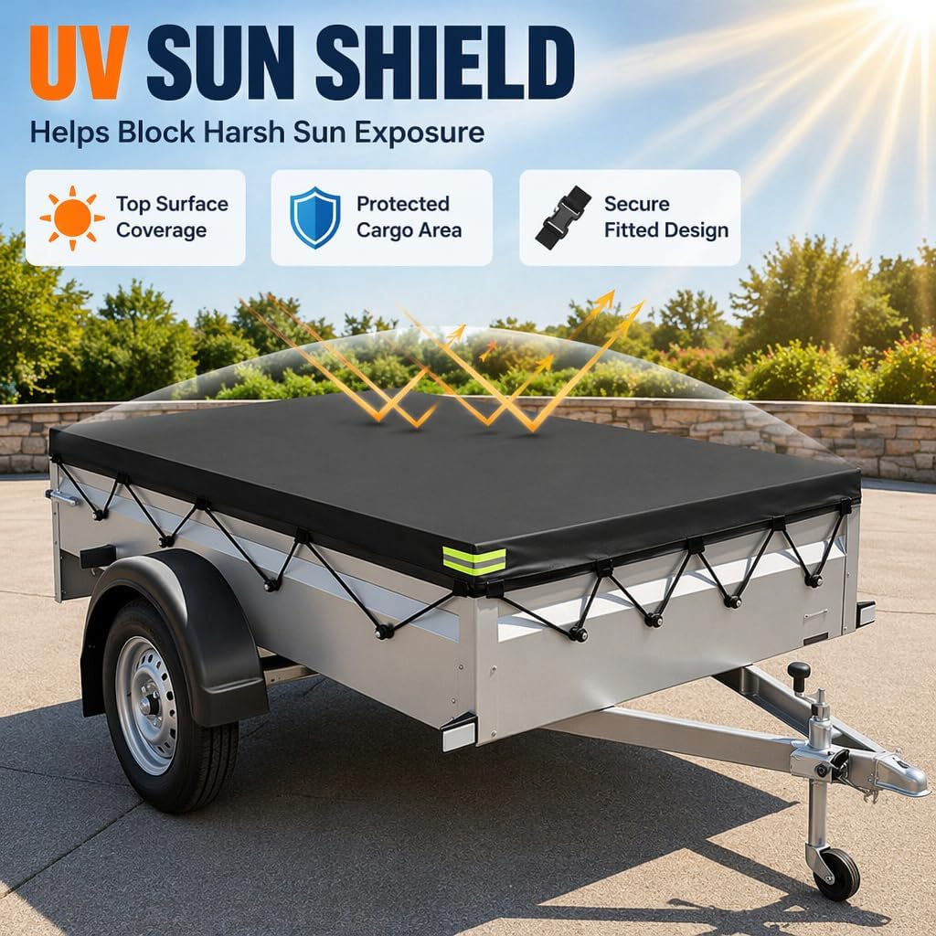 Utility Trailer Cover for Load Trail UT8318 7x18ft 2019-Present, Heavy Duty Water Resistant Trailer Tarp Cover, Outdoor Storage Protection for Flatbed Utility Trailers,A Black