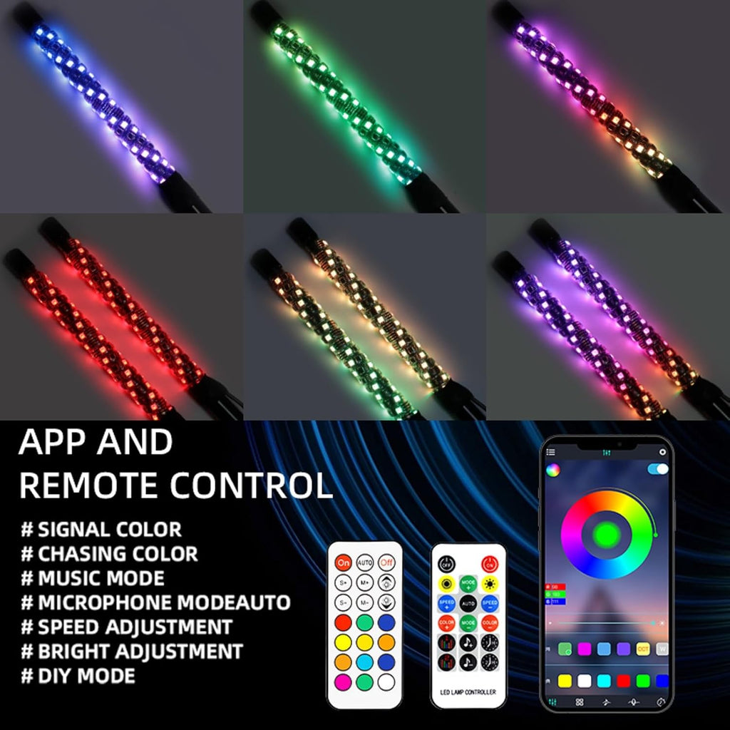 S7 2 Pack 1FT Whip Lights, LED Whip Light with App & Remote Control, Spiral RGB Chasing Lighted Antenna Whips,Whip Light for UTV ATV RZR SXS Can-Am Dune Buggy Offroad Truck (1ft)