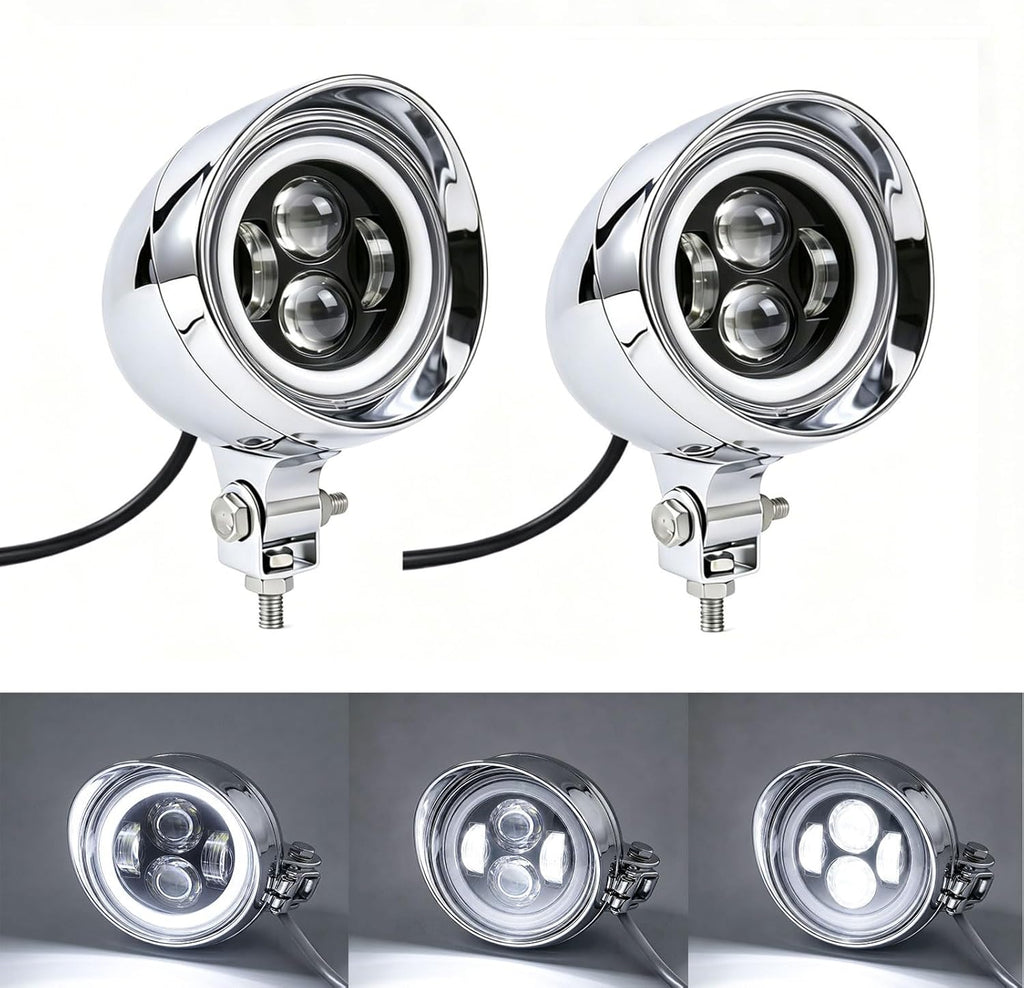 2 Pcs Chrome LED Motorcycle Fog Passing Lights Auxiliary Lamp for Motorcycles Highway Cruising Urban Riding-White Light (Chrome)