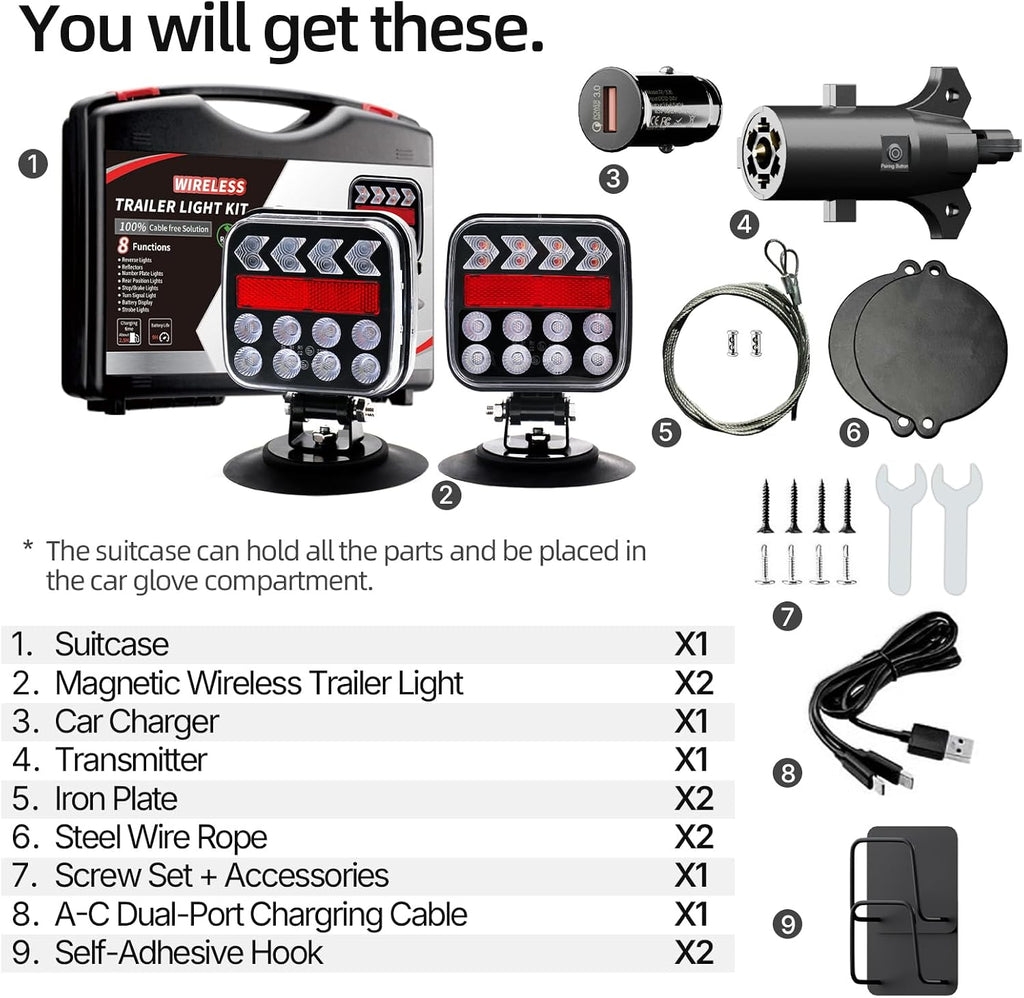 Wireless Trailer Lights Magnetic, Anti-Loss Large Portable Rechargeable Cordless Trailer Lights Kits with Reflectors for Tow Truck, Boat, RV, Turn Signal Brake Running Stop, IP67 Waterproof