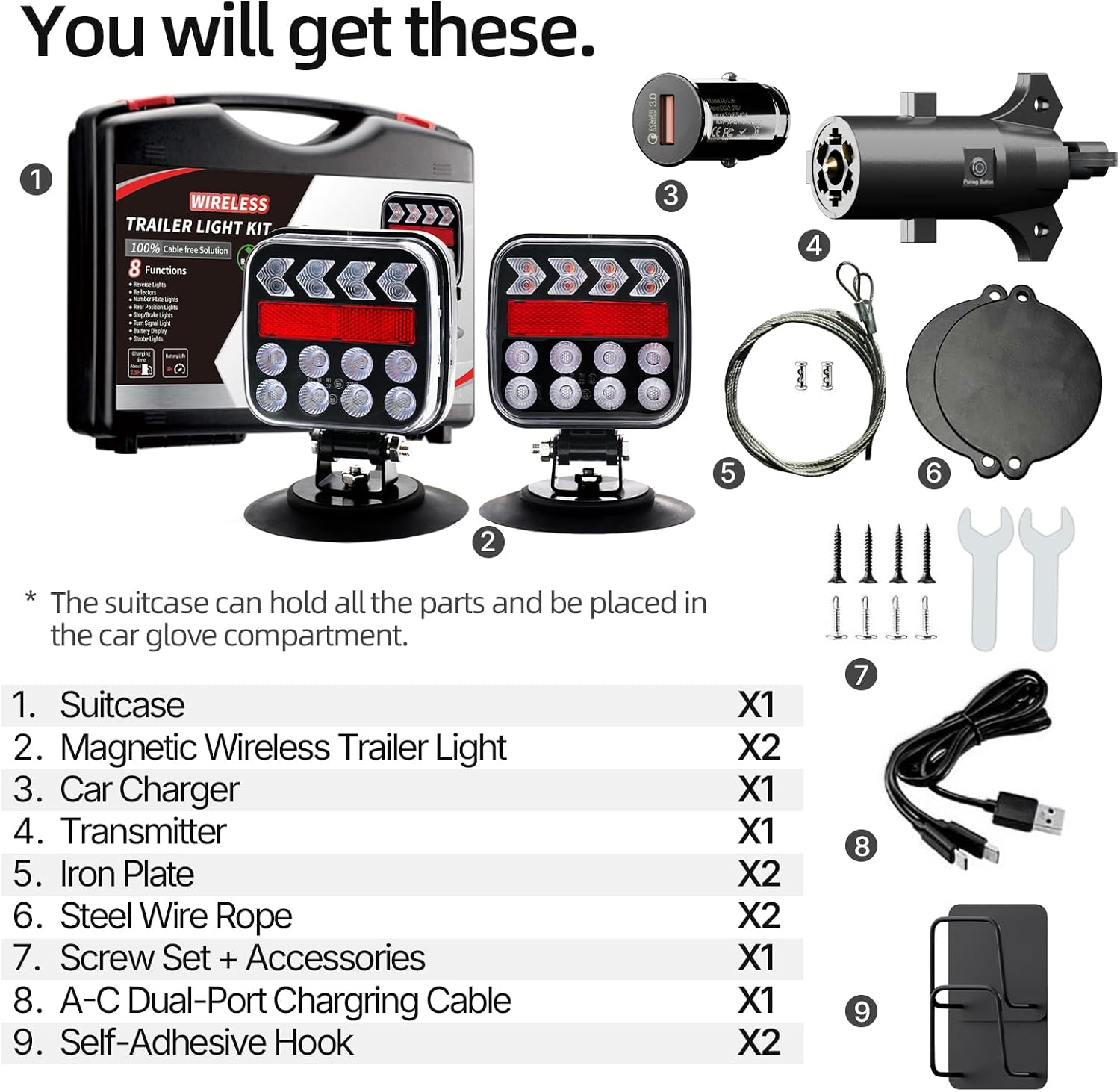 Wireless Trailer Lights Magnetic, Anti-Loss Large Portable Rechargeable Cordless Trailer Lights Kits with Reflectors for Tow Truck, Boat, RV, Turn Signal Brake Running Stop, IP67 Waterproof