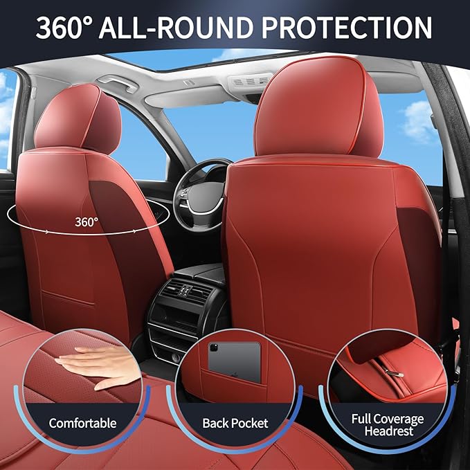 Red Car Seat Covers, Leather Car Seat Covers 2 Front Seats, Waterproof - Image 2