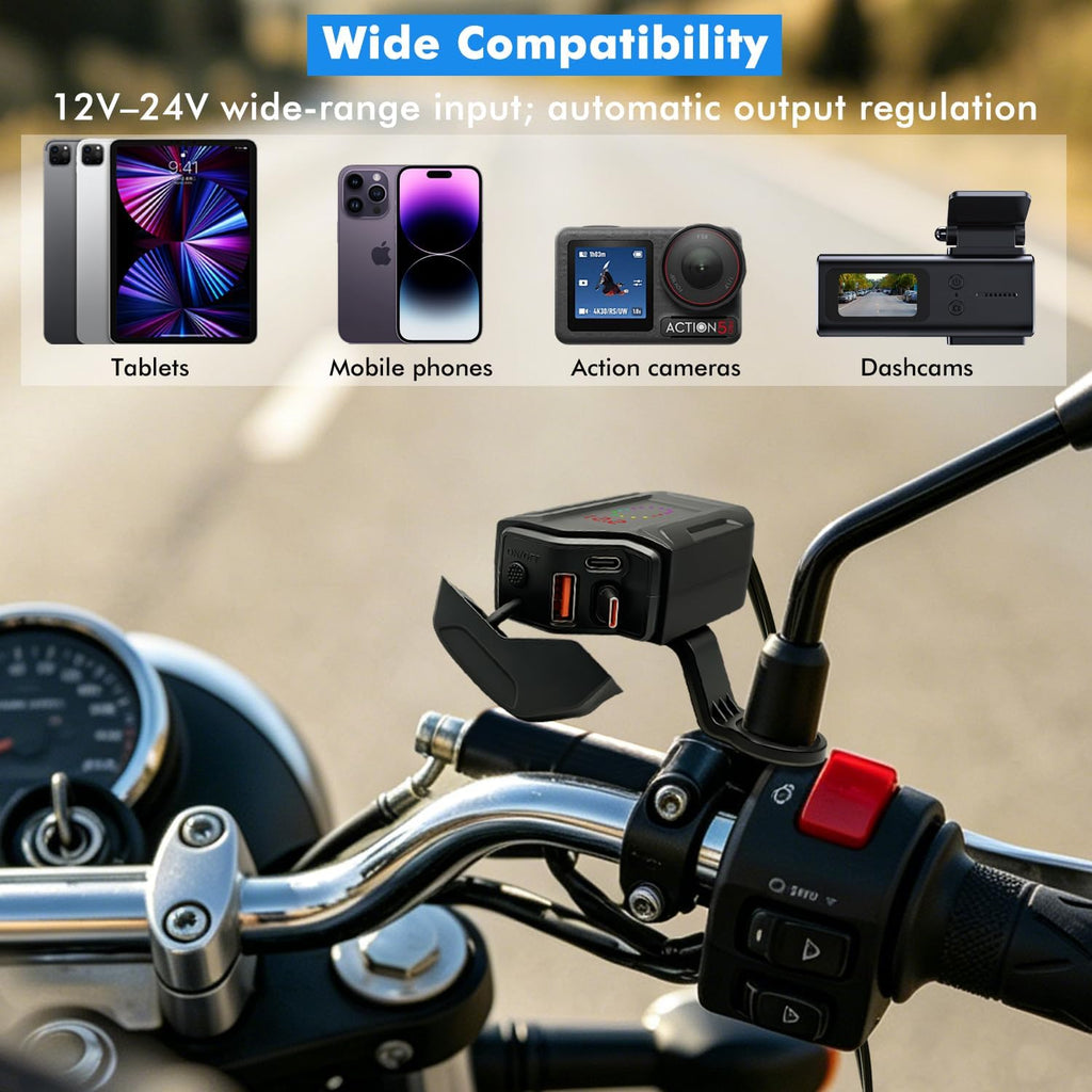 Motorcycle USB Charger 30W PD+18W QC3.0 with 70cm Retractable Type-C Cable,12–24V Waterproof Phone Charger USB Charging Port Adapter with Voltmeter & Switch,3A USB Cable for Dirt Bike,ATV