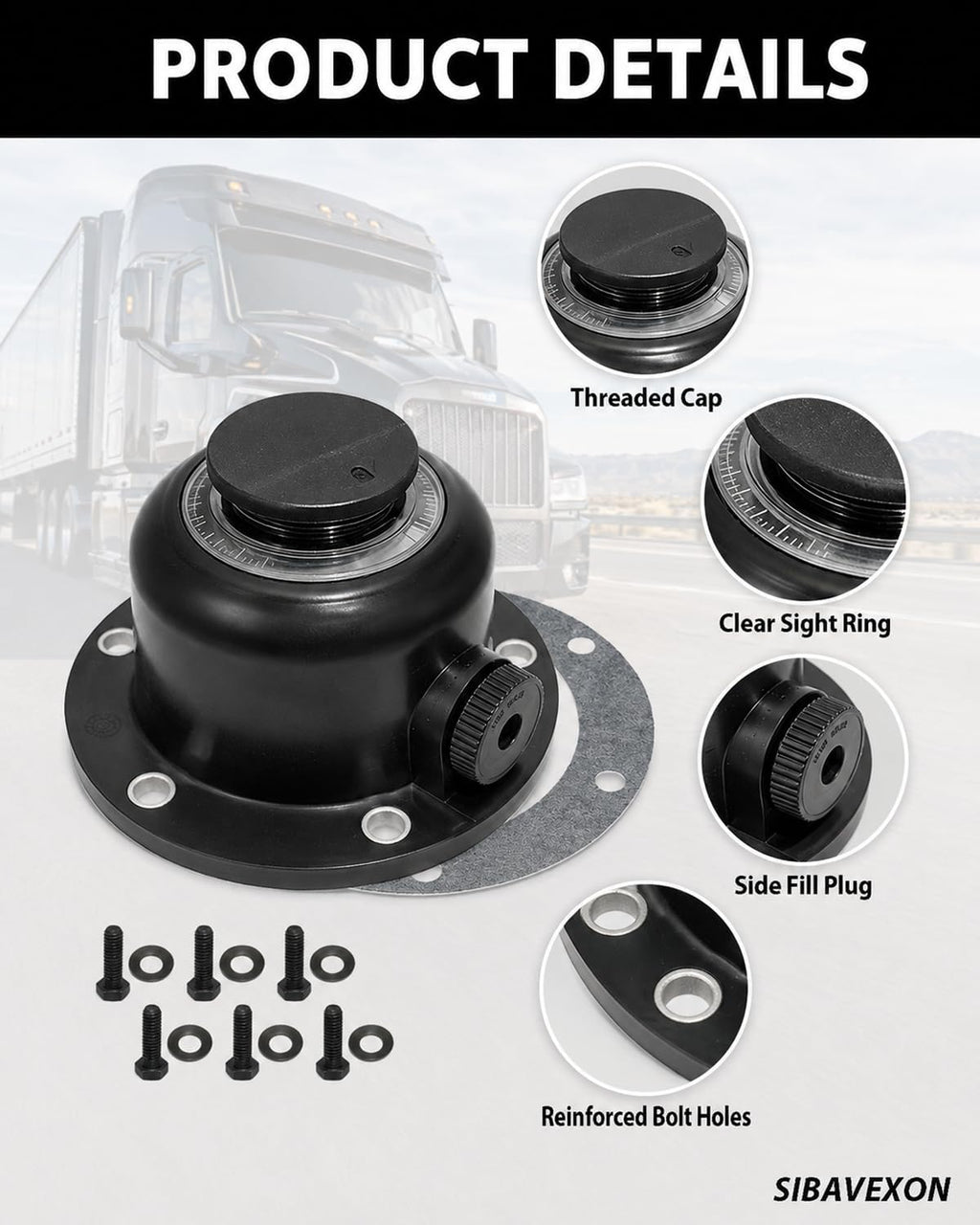 4 Pack Steer Axle Hub Caps, Black, 4.5 in, Replaces 343-4024 1612 1711 | Bolt-on oil cap for wheel-end service; helps protect the hub oil level window from road dust, splash and debris