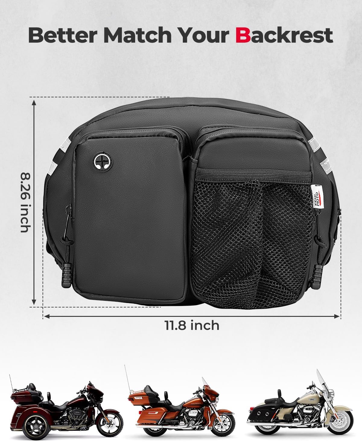 KEMIMOTO Motorcycle Backrest Bag Rider Backrest Organizer Driver Back Rest Organizer Kit Compatible With Touring Softail CVO Road Glide Limited Tri Glide Rider Back Rest Seat Pocket