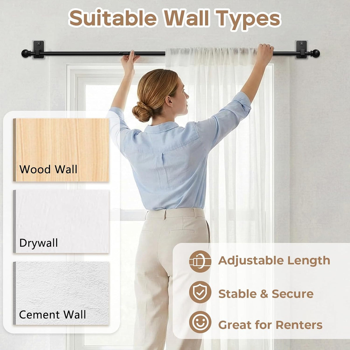 no-drill curtain rod with adhesive & pin-nail mount on a desk or shelf