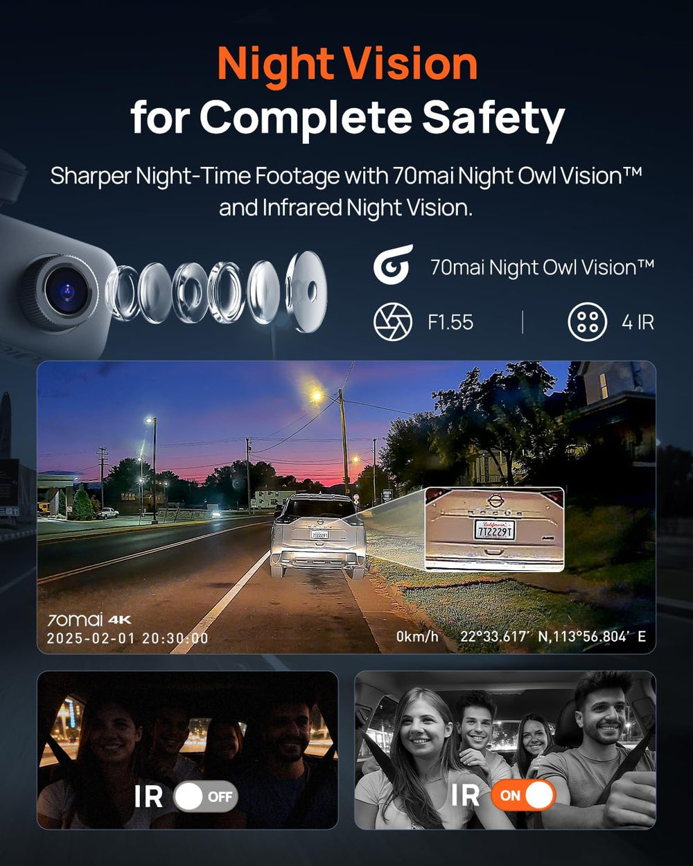 70mai 4K Dash Cam Front and Rear Inside, 3 Channel Car Dash Camera for Cars, ...